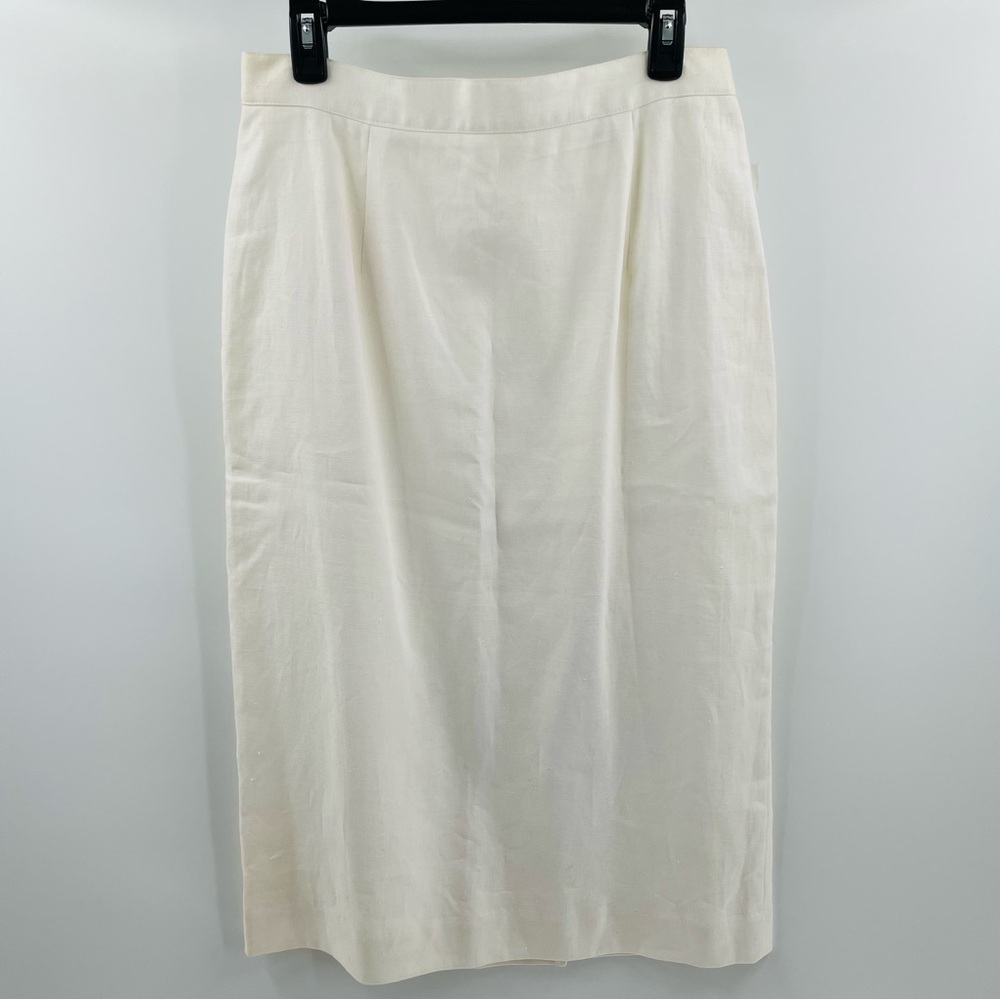NWT Vintage Casual Corner 100% Linen Eggshell Zip Button Kick Pleat Midi Skirt